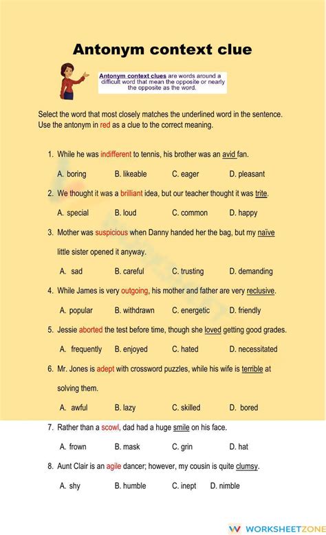 Antonym Context Clue Worksheet