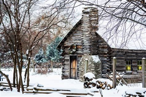 Winter Christmas scene with a log cabin ... | Stock image | Colourbox