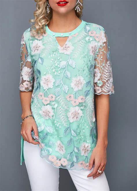 Keyhole Neckline Faux Pearl Embellished Embroidered Blouse