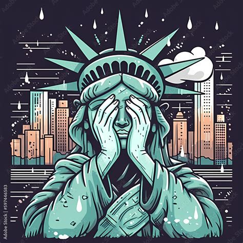 Tears of Liberty , cartoon illustration of Statue of liberty crying with her hands covering her ...