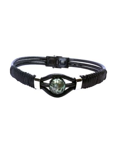 Bracelet Homme Perle De Tahiti Gravee Cuir Et Acier Couleur Vert