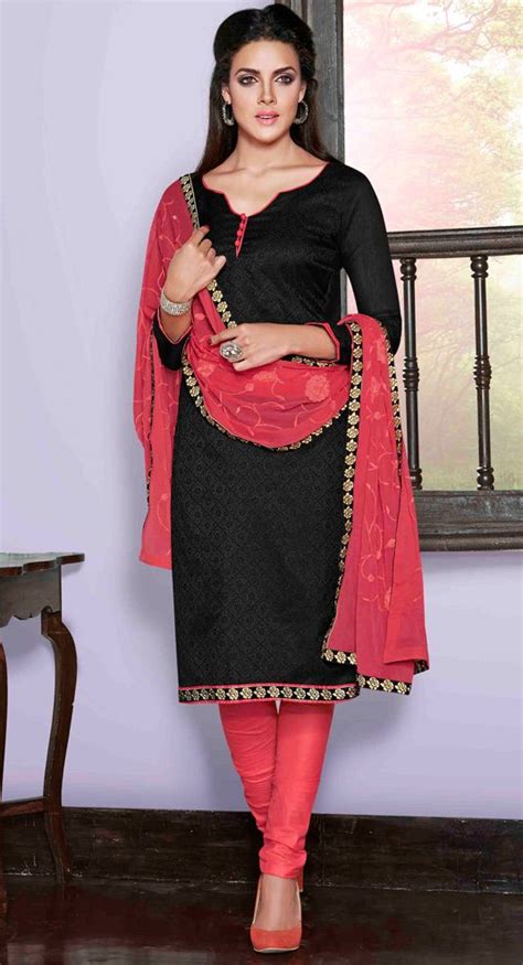 Usd Black Chanderi Silk Churidar Suit Salwar Kameez Neck