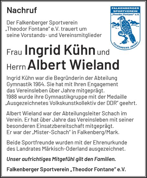 Traueranzeigen Von Ingrid Und Albert K Hn Und Wieland M Rkische