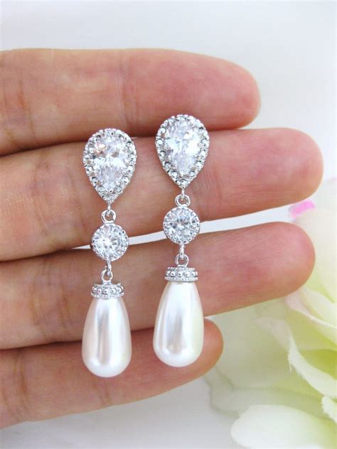 Bridal Pearl Earrings Wedding Jewelry Swarovski Teardrop Pearl