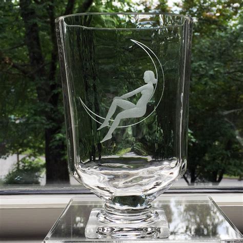 S Art Deco Style Swedish Glass Pedestal Vase With Nude Woman Sitting Upon A Crescent Moon