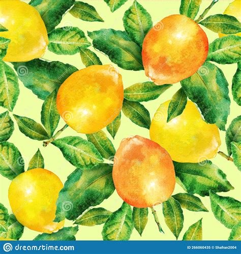 Watercolor Lemon Fruit With Leaves Seamless Pattern Stock Illustration Illustration Of