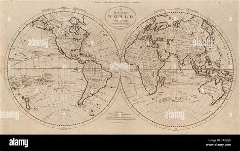 Vintage two hemispheres map of the world by Mathew Carey c. 1800. Map ...