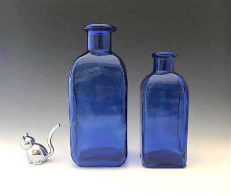 Set of 2 Cobalt Blue Glass Bottles - Blue Glass Decor