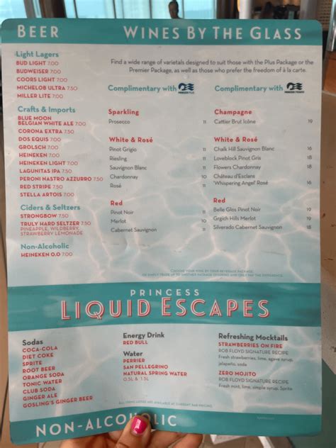 princess cruises drinks menus  prices luxury cruising