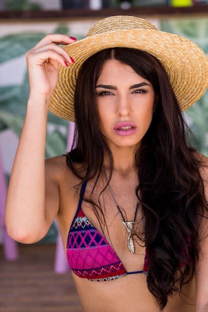 Premium Photo Close Up Portrait Of Sensual Woman In Straw Hat With Perfect Long Hairs Posing