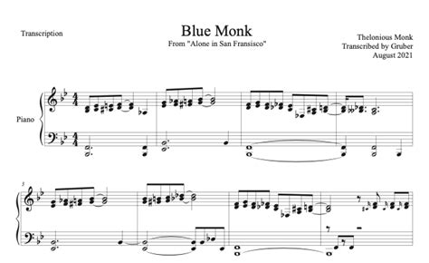 Solo Jazz Piano Transcription Thelonious Monk Blue Monk