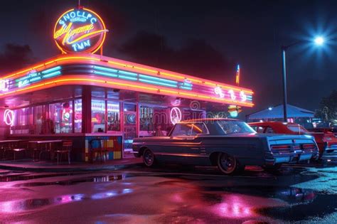 Car Parked In Front Of Diner At Night Classic American Scene Captured