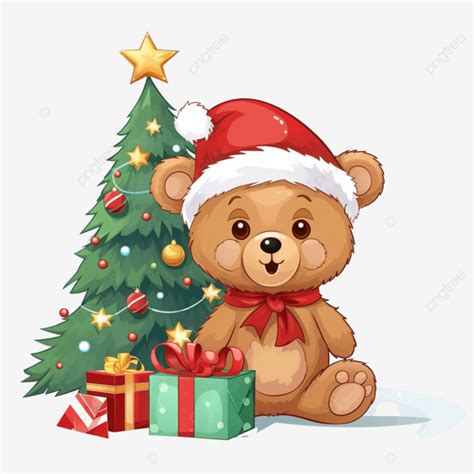 Cute Bear With Christmas Tree And Gift Bear Beast New Year PNG