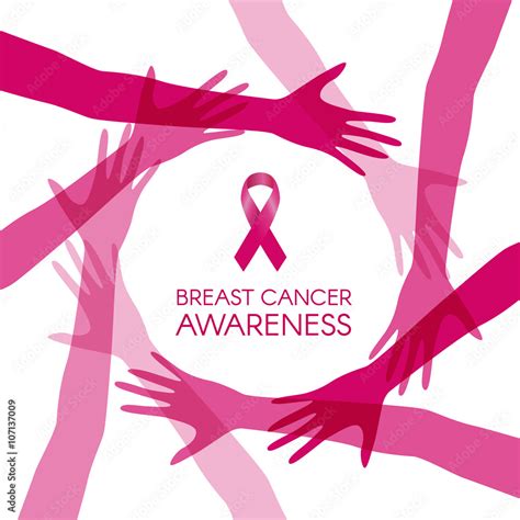 Breast Cancer Awareness With Circle Joined Women Hands And Pink Ribbon