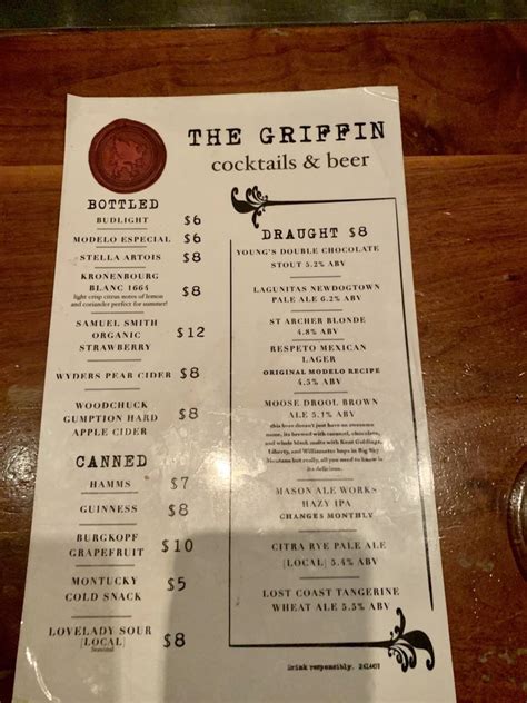 Menu - The Griffin Las Vegas, NV 89101