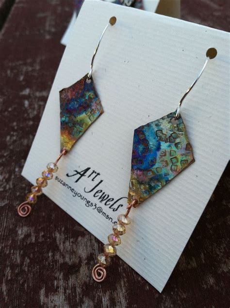 Flame Painted Kite Earrings With Hammered Copper