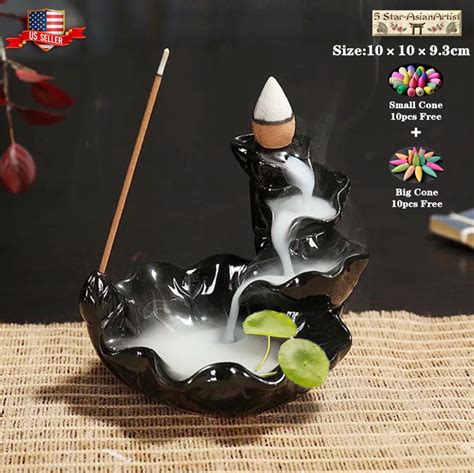 Ceramic Backflow Incense Burner Incense Holder Home Decor Lotus Waterfall And 20 Cones Free T