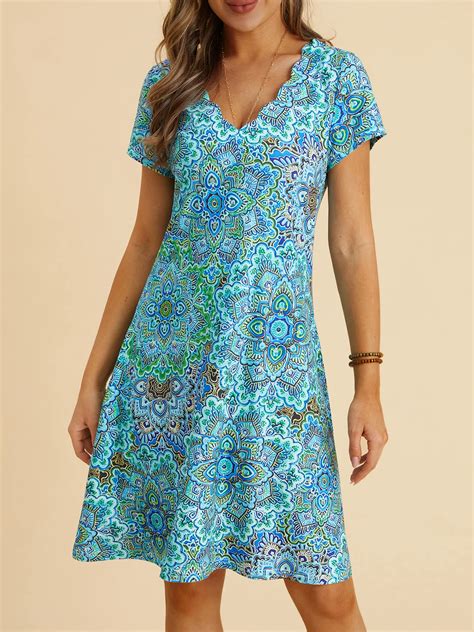 Paisley V Neck Loosen Short Sleeve Knit Dress Zolucky