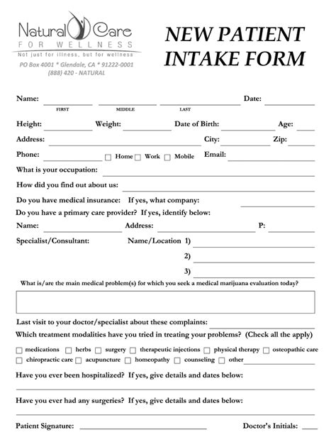 Fillable Online New Patient Intake Form Natural Care For Wellness Fax