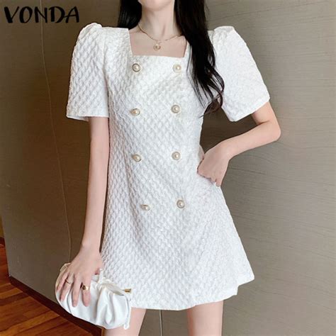 Vonda Women Casual Square Neck Puff Short Sleeves Textured Buttons