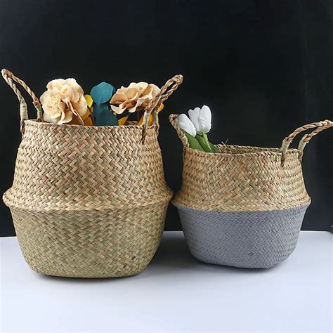 Handmade Bamboo Storage Baskets Foldable Laundry Straw Patchwork Wicker