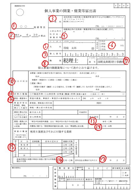 個人事業者の開業届の記載例 大阪市城東区の泉井健児税理士事務所