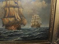 English Victorian Oil Painting Armada Galleon Ship Sea Scape Signed