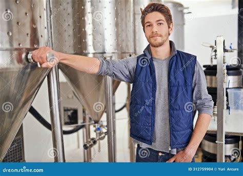 Brewery Man And Manufacturing Machine With Portrait For Craft Beer