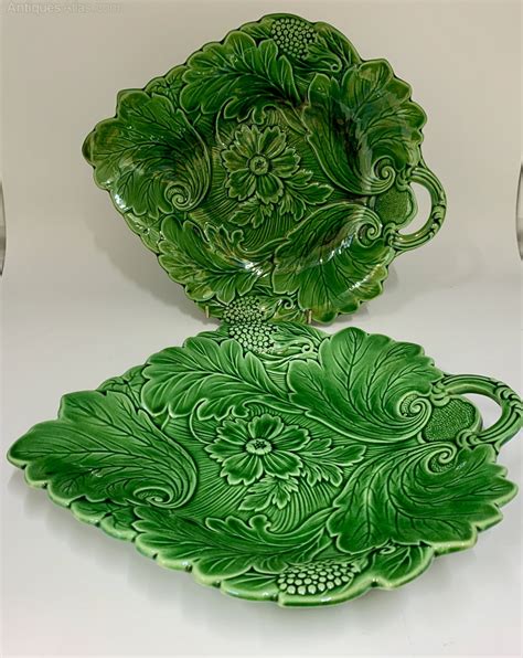 Antiques Atlas Pair Green Pottery Majolica Leaf Dishes Circa 1875