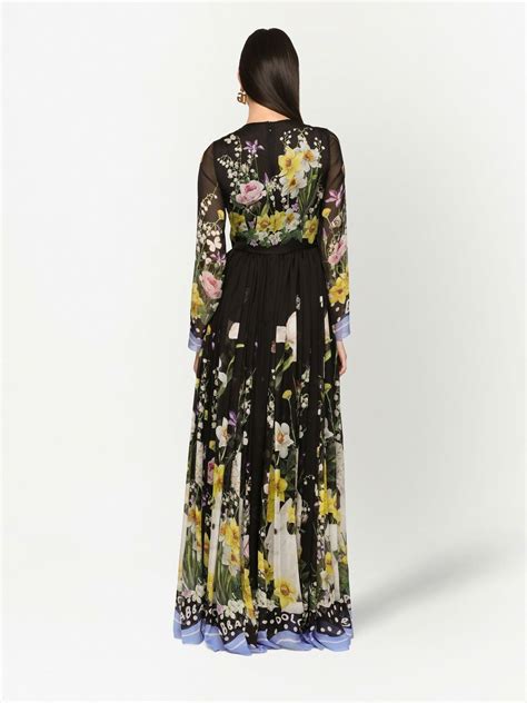 Dolce And Gabbana Floral Print Silk Maxi Dress In Schwarz Modesens