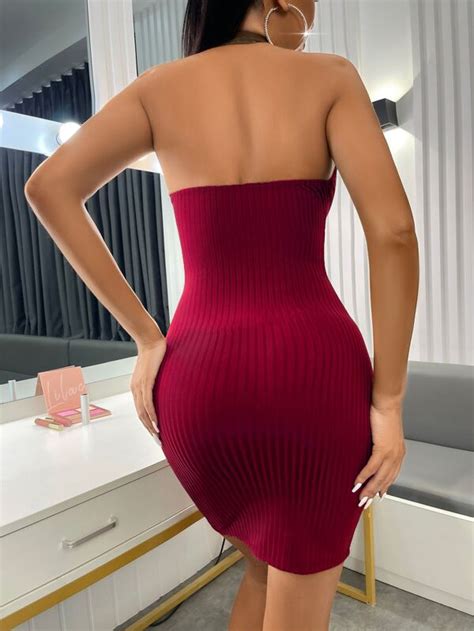 SHEIN SXY Ribbed Knit Backless Halter Bodycon Dress SHEIN USA