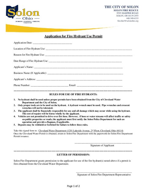 Fillable Online THE CITY OF SOLON Application For Fire Hydrant Use