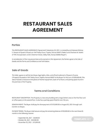 Restaurant Sales Agreement Examples Format Pdf Word Google Docs