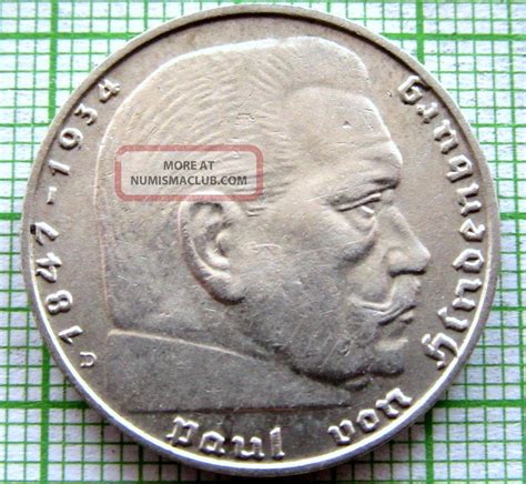 Germany Third Reich 1939 D 2 Reichsmark Hindenburg Swastika Silver