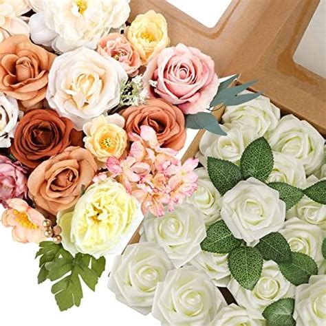 Amyhomie Champagne Artificial Flowers Combo And Ivory Rose 25pcs Real Looking Fake