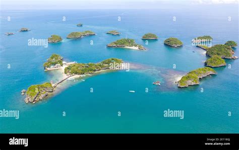 Aerial view of Small islands with beaches and lagoons in Hundred ...