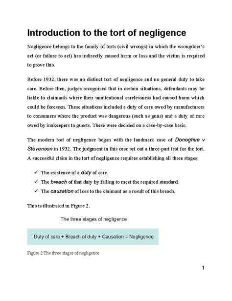 Unit Notes Negligence Introduction To The Tort Of Negligence