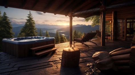 Premium AI Image | A log cabin with a hot tub on the deck for relaxation