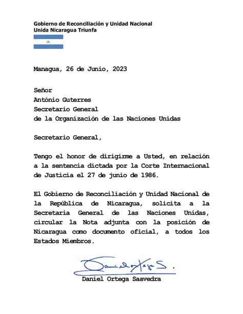 Presidente Comandante Daniel Ortega envía carta al Secretario General