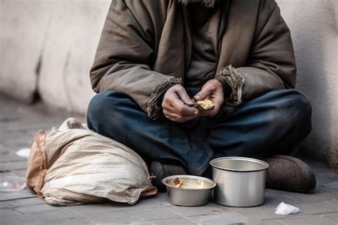 Homeless Beggar Sits On The Street Poor Hungry Person Begging For Food