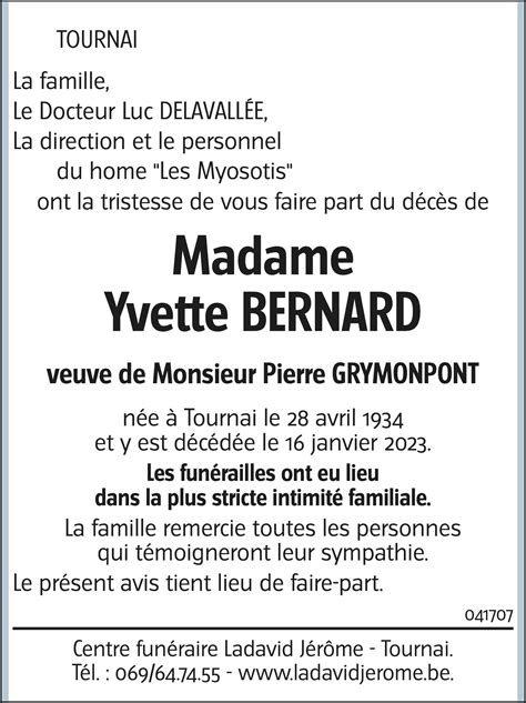 Yvette BERNARD 16 01 2023 Avis nécrologique lavenir net