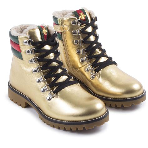 Gucci Girls Gold Leather Lace Up Combat Boots With Signature Stripe For