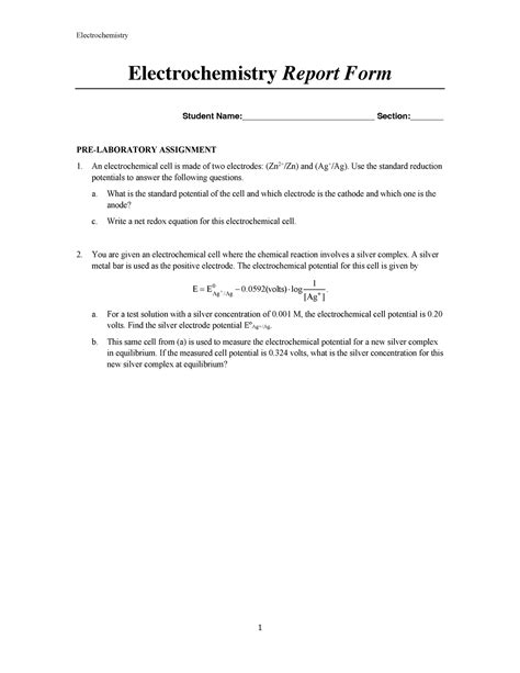 Electrochemistry Virtual Lab Report Electrochemistry Report Form