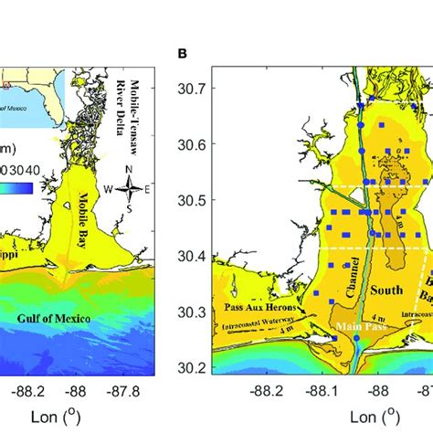 (A) Map of Mobile Bay. (B) Map of subregions in Mobile Bay and observed... | Download Scientific ...