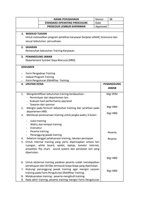 Sop Pelatihan Karyawan Nama Perusahaan Nomor Standard Operating Hot