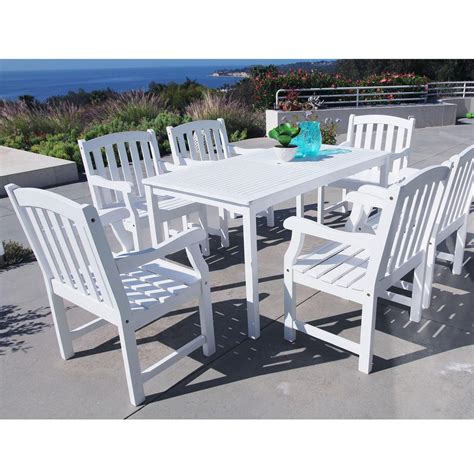 Vifah Bradley Acacia White 7-Piece Patio Dining Set with 32 in. W Table and Arched Slat-Back ...