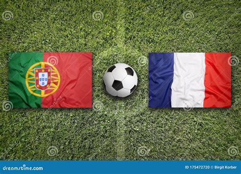 Portugal Vs France Flags On Soccer Field Stock Photo Image Of Banner