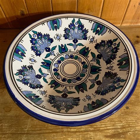 Vintage Large Ceramic Serving Bowl Hand Painted Blue Floral Etsy Uk