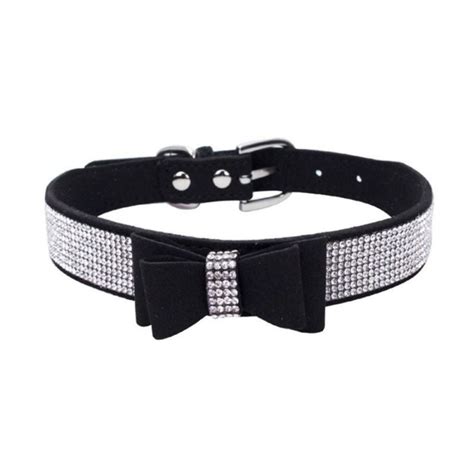 Full Rhinestone Soft Seude Leather Dog Collar Bling Padded Bow Knot