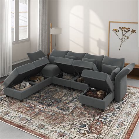 LLappuil 127.8" 7-Seater U Shaped Velvet Modular Sectional Sofa with ...